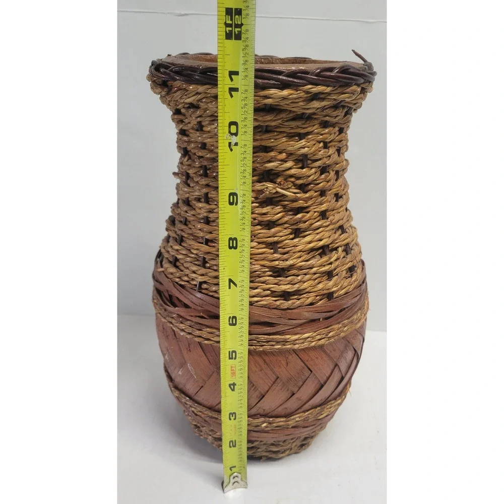 Rustic Woven Seagrass and Bamboo Wrapped Clay pottery. Vase Decorative‎ Urn